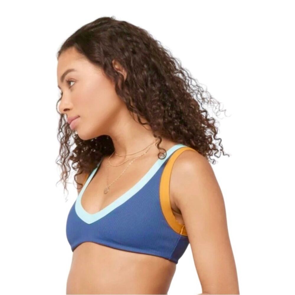 L*Space Lala Ribbed Colorblock Bikini Top in Slate Pool Blue Inca Gold XL NWT - Picture 3 of 6
